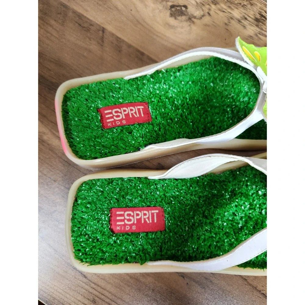 Vintage 90s Esprit Kids Butterfly Grass Sandals White Green Flip Flops 3